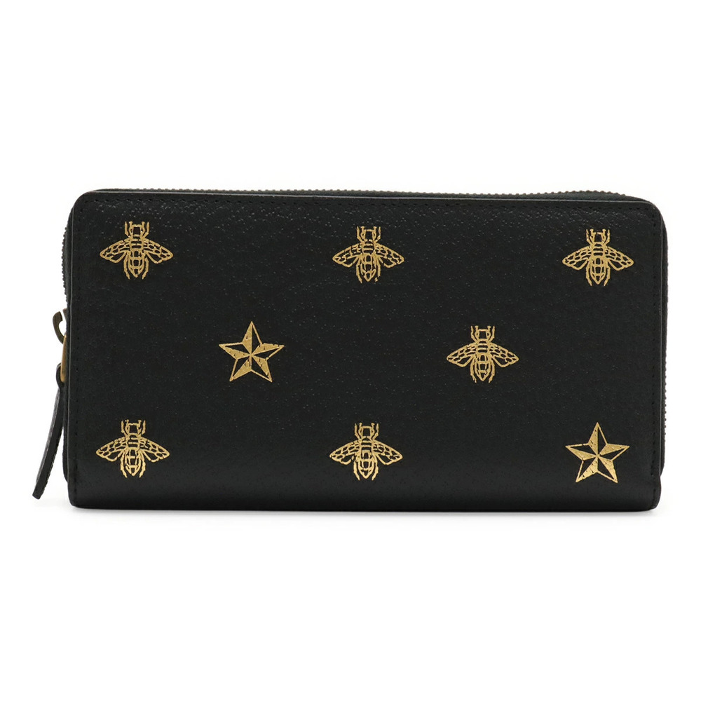 Gucci Bee Star Round Zip Long Wallet Leather Black Gold accents